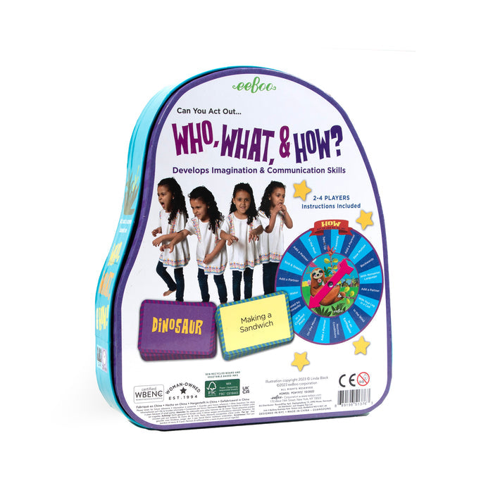 The back of the Sloth in a Hurry Spinner Game box by eeBoo Piece & Love shows a girl acting out prompts, a spinner, and cards labeled Dinosaur and Making a Sandwich. This improv game for 2-4 players builds creativity and imagination.