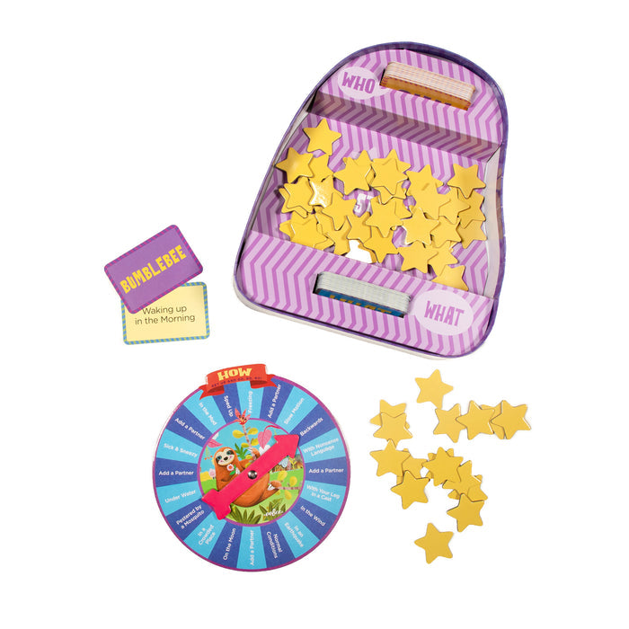 The eeBoo Piece & Love Sloth in a Hurry Spinner Game includes a purple-striped case, yellow star tokens, a Bumblebee card with Waking up in the Morning, and a colorful How spinner—perfect for sparking creativity and imaginative improv play.
