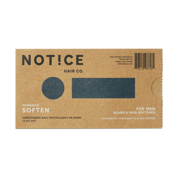 The NOT!CE Hair Co. Soften Conditioner Bar for men, packaged in a rectangular cardboard box, highlights its sustainable self-care benefits as a beard and hair softener with a refreshing spearmint and black pepper scent.
