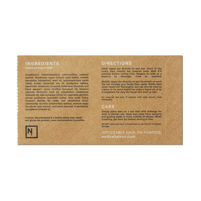 The Soften Conditioner Bar by NOT!CE Hair Co comes in a cardboard package featuring ingredients, usage directions for hair and beard, enriched with essential oils. It highlights vegan and cruelty-free claims, includes a caution note, and lists a website URL at the bottom.
