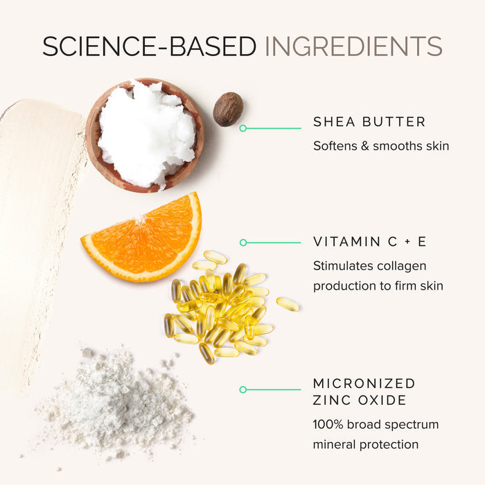 Flat lay image of MDSolarSciences Solar Stick SPF 40 with shea butter, orange slice, vitamins C & E capsules, and white powder. Text highlights skin benefits, SPF 40 protection, and reef-safe micronized zinc oxide.