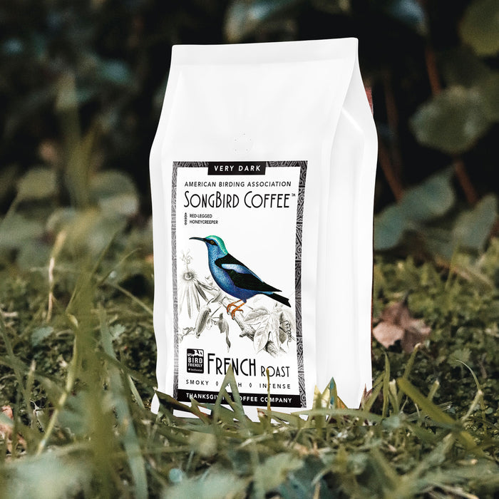 A white bag of Songbird French Very Dark coffee from Thanksgiving Coffee, adorned with a colorful bird illustration, rests on grass. The label suggests an intense, smoky flavor thats sustainable. Surrounding foliage highlights its natural setting.