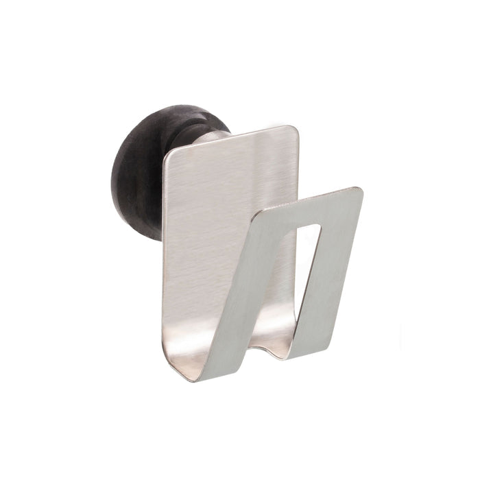 The Sponge Holder by HAPPY SiNKS boasts a sleek silver metal hook in a modern design, mounted on a black circular base. Its angular, minimalist look is ideal for hygienic sponge storage, with Happy Sinks technology. A plain white background highlights its elegance.