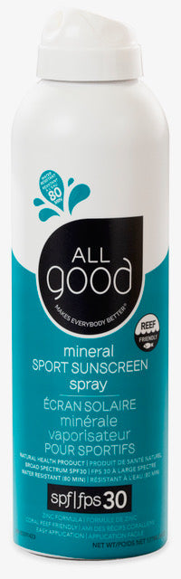 The All Good Sport Sunscreen Spray - SPF 30 features a spray can with a teal and white design, boasting reef friendly and water resistant benefits. Its enriched with antioxidants and includes bilingual English and French text, ideal for beach days or organic farm adventures.