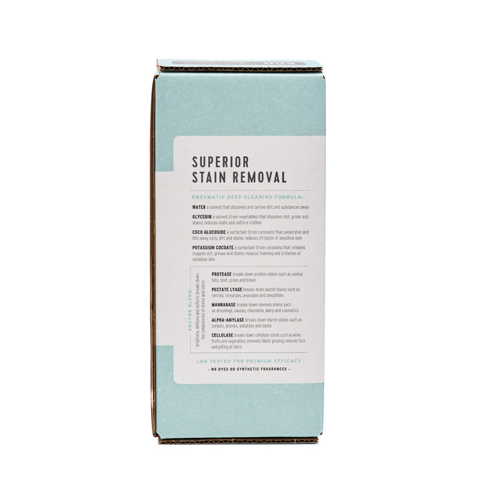 A cardboard box labeled Root and Splendor Stain Remover Refill highlights its eco-friendly, plant-based enzymatic formula, lab-tested effectiveness, and contains no dyes or synthetic fragrances.