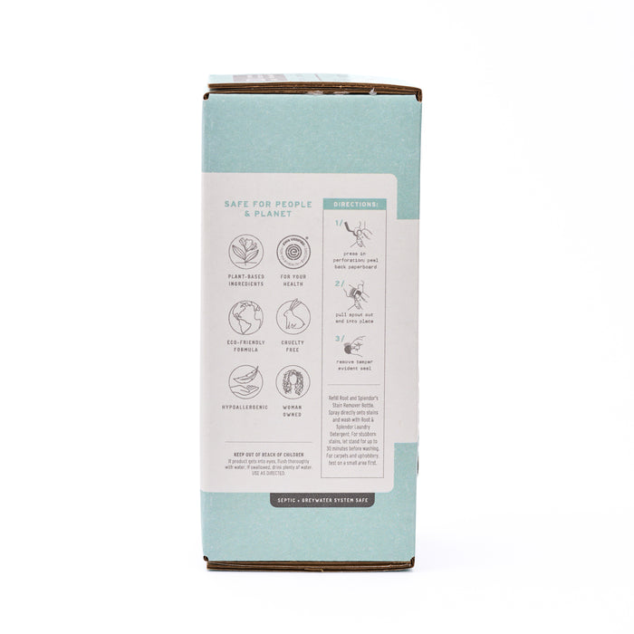 The teal and white Root and Splendor Stain Remover Refill box displays icons and text highlighting its plant-based, eco-friendly, gentle, hypoallergenic formula, along with step-by-step directions on the side panel.
