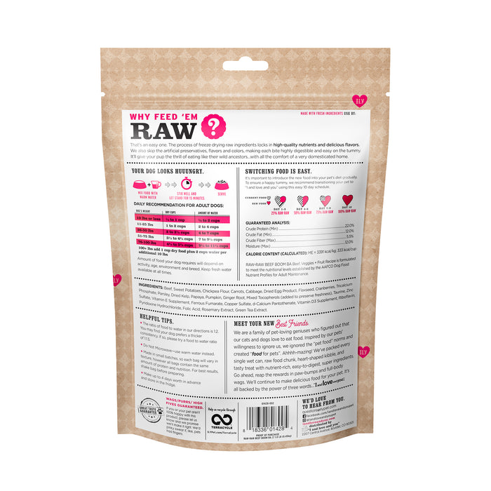 The back of the Stir and Boom Raw Raw Beef Boom Ba Dinner Grain-Free Dehydrated Dog Food pack by I and Love and You details feeding guidelines, nutritional info, and tips for switching to freeze-dried raw dog food, all on a brown patterned background adorned with text boxes and small hearts.