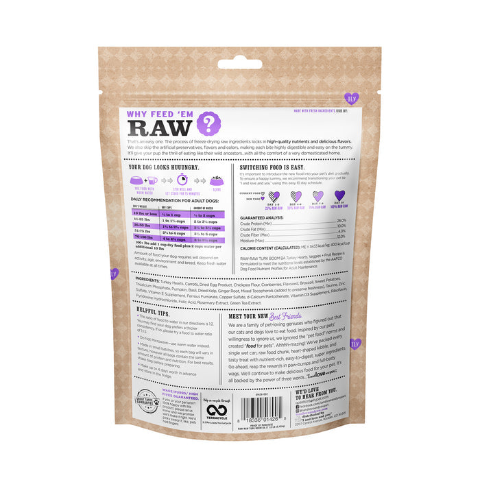 The Stir and Boom Raw Raw Turk Boom Ba Grain-Free Dehydrated Dog Food package from I and Love and You has feeding guidelines, food-switching instructions, nutrition facts, and a brand story. It displays a beige geometric pattern with black and purple text.