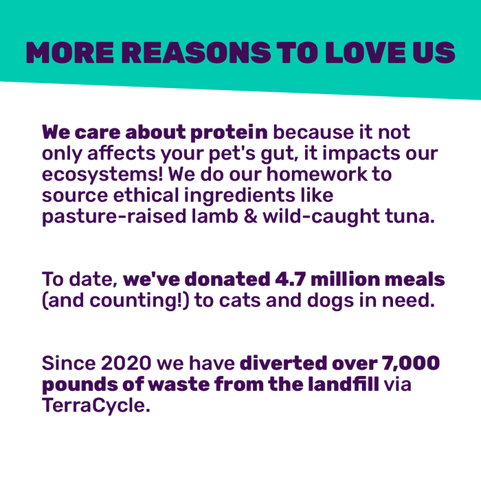 A graphic highlights I and Love and Yous values: caring about protein’s ecosystem impact, donating 4.7 million Stir and Boom Raw Raw Turk Boom Ba Dinner Grain-Free Dehydrated Dog Food meals, and diverting over 7,000 pounds of waste since 2020 with TerraCycle.