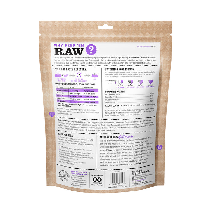 The I and Love and You Stir and Boom Raw Raw Turk Boom Ba Dinner Grain-Free Dehydrated Dog Food package offers feeding guidelines, nutritional analysis, a list of grain-free ingredients such as turkey, paw print icons showcasing raw food benefits, and storage instructions.