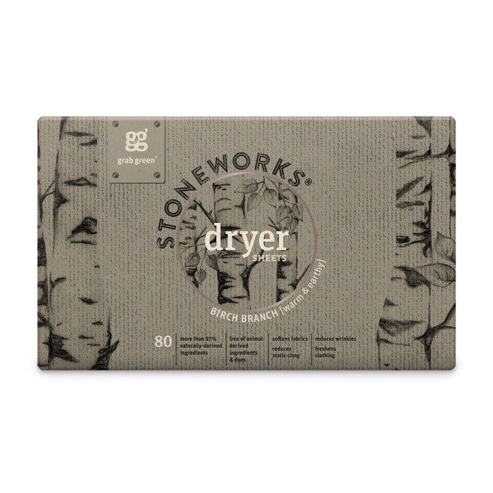 The grab green Stoneworks Dryer Sheets - Birch Branch (Coming Soon!) feature 80 eco-friendly sheets in a box with a textured beige design and birch tree illustrations, softening fabrics and reducing static-cling.