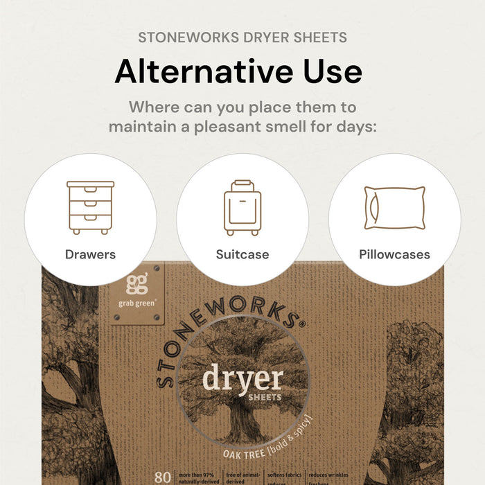 An illustration highlights creative uses for grab greens Stoneworks Dryer Sheets - Birch Branch, serving as fresh scent enhancers in drawers, suitcases, and pillowcases. Packaged in recycled paper with a tree and earthy design, they also reduce static cling effortlessly.