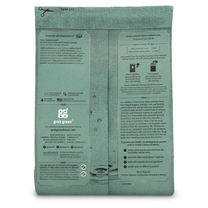 A green bag of grab greens Stoneworks Laundry Detergent Pods - Rain, EPA Safer Choice Certified for environmental safety, has product details, usage instructions, ingredients, and contact info on the back. Featuring a paw print design, its ideal for those who value deep and safe cleaning.