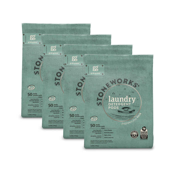 Four teal packs of grab green Stoneworks Laundry Detergent Pods - Rain, each labeled for 50 pods, are fragrance free with odor neutralizing and stain-fighting power, plus eco-friendly and safe certification logos.