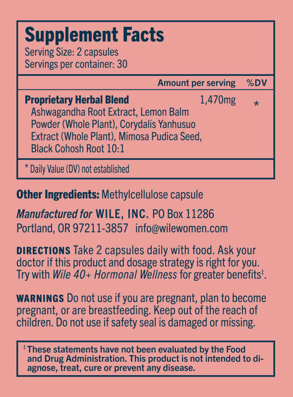 The WILE Stress supplement for women 40+ includes Ashwagandha and Lemon Balm to support stress resilience and hormonal balance. Directions: Take two capsules with food. Consult your doctor if pregnant or nursing.