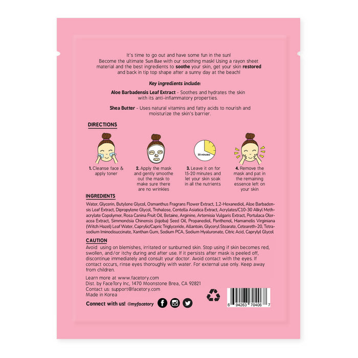 The image shows the back of a pink Sun Bae SOOTHING Sheet Mask package by FaceTory, highlighting directions, an ingredient list, product name, and brand logo. It emphasizes Aloe Leaf Extract and Shea Butter benefits for radiant skin.
