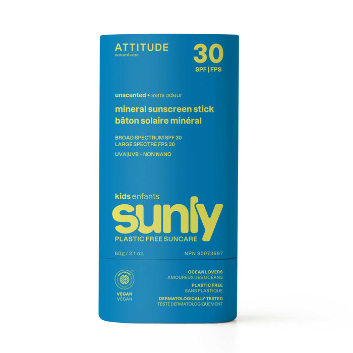 ATTITUDE Sunly Sunscreen Stick for Kids SPF30 is a blue and yellow, unscented 60g stick with non-nano zinc oxide for broad spectrum protection. Plastic-free, vegan, and ocean-friendly—safe suncare you can trust.
