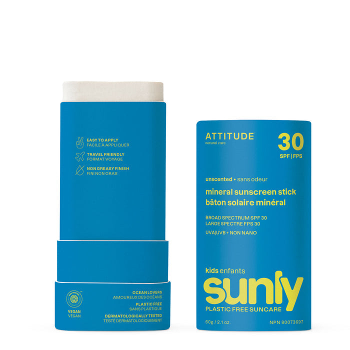 A blue tube of ATTITUDE Sunly Sunscreen Stick for Kids SPF30, unscented and plastic-free. Made with non-nano zinc oxide for broad spectrum protection, its vegan, ocean-friendly, and easy to apply; the stick is partly extended beside its cap.