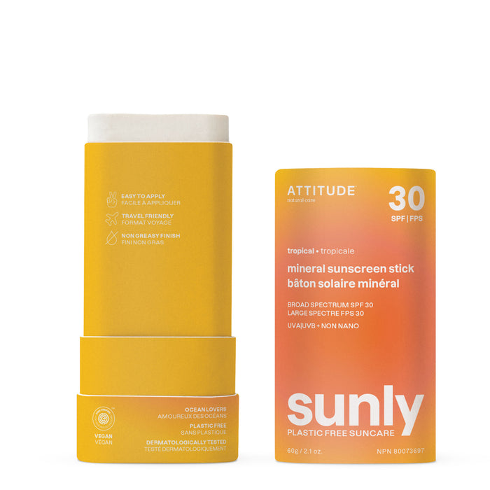 The ATTITUDE Sunly Sunscreen Stick SPF30, in yellow and orange, is a vegan, plastic-free mineral stick with non-nano zinc oxide for broad spectrum protection. Shown uncapped beside its packaging—ideal for ocean lovers.