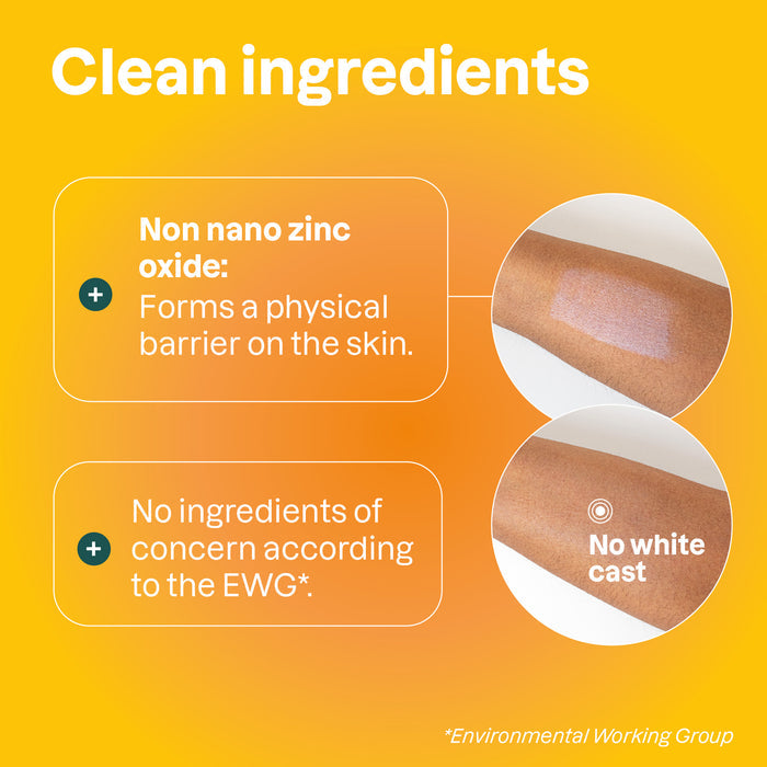 Infographic with text: Clean ingredients. ATTITUDE Sunly Sunscreen Stick SPF30 uses non-nano zinc oxide for a safe, clear barrier—no white cast, no concerning ingredients per EWG. Image: sunscreen on skin—one area white, one area clear.