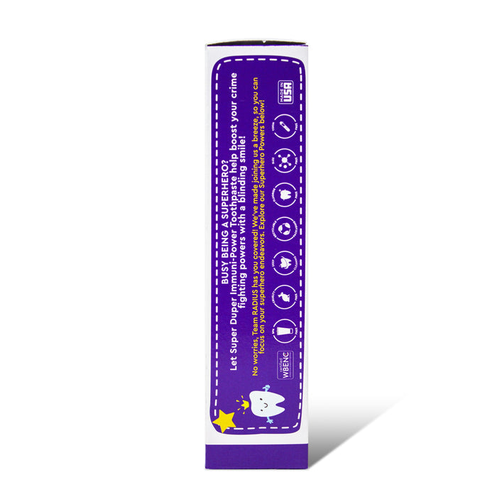 A purple Super Duper Kids Immunity Toothpaste box side panel from Radius with white text, cartoon stars, a smiling tooth, and icons showing features like fluoride-free hydroxyapatite formula, cruelty-free, SLS-free, and made in the USA.
