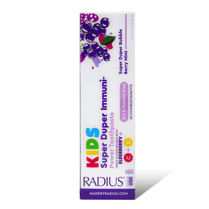 Radius Super Duper Kids Immunity Toothpaste in berry mint flavor features colorful grapes, supports immunity with hydroxyapatite, is fluoride-free, and is perfect for kids ages 6+.