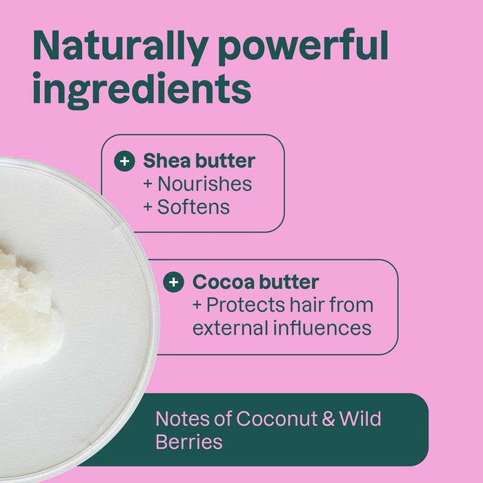 A pink background highlights ATTITUDE super leaves Conditioner Hydrating’s naturally powerful ingredients: shea butter (nourishes, softens), cocoa butter (protects hair), plus coconut and wild berry notes. Plastic-free. A dish of white cream is partly shown.