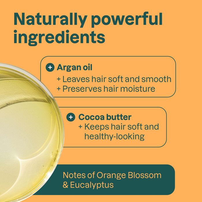 A graphic highlights natural hair care: argan oil for softness, cocoa butter for healthy-looking hair, and notes of orange blossom and eucalyptus. Features ATTITUDE’s super leaves Conditioner Volume & Shine Bar in a plastic-free container.