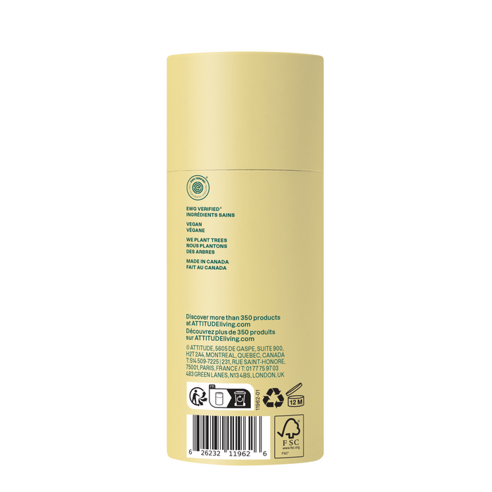A yellow cylindrical container of ATTITUDE super leaves Deodorant displays product info, certifications, and naturally derived ingredients in English and French. At the bottom are symbols, a barcode, and notice that it’s an aluminum-free vegan deodorant.