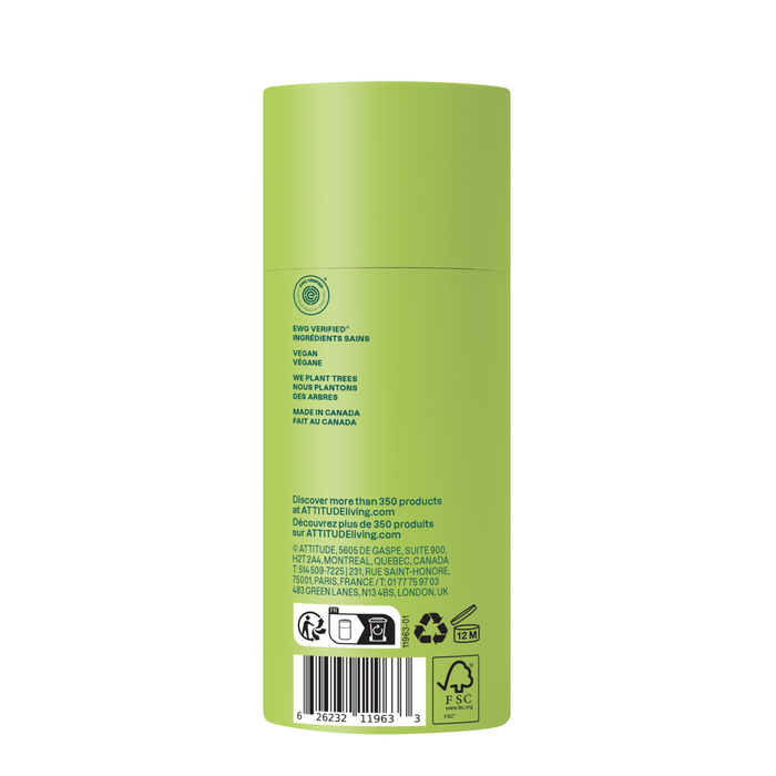 A green cylindrical container of super leaves Deodorant by ATTITUDE is shown from the back, displaying product information, certification logos, a barcode, recycling symbols, and company details for this aluminum-free vegan deodorant in white text.