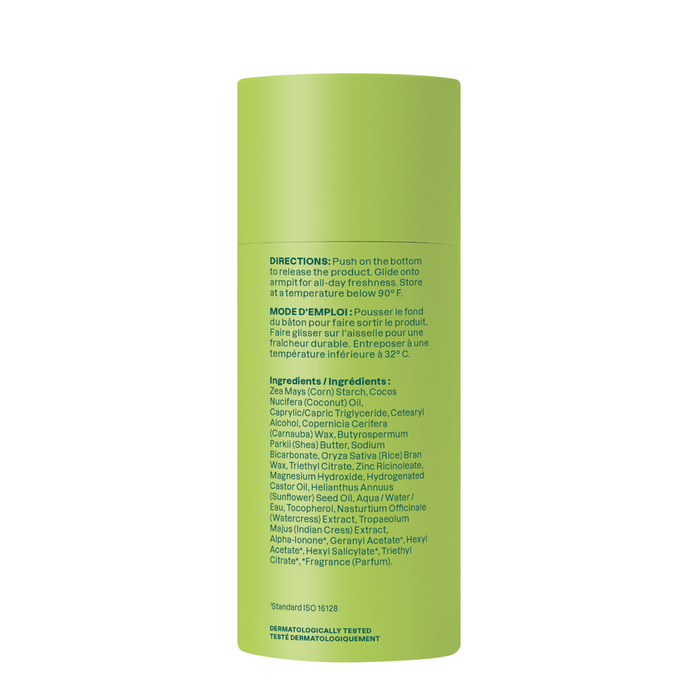 A green cylindrical container with black vertical text displays directions, usage instructions, and ingredients for ATTITUDEs aluminum-free, vegan super leaves Deodorant skincare product.