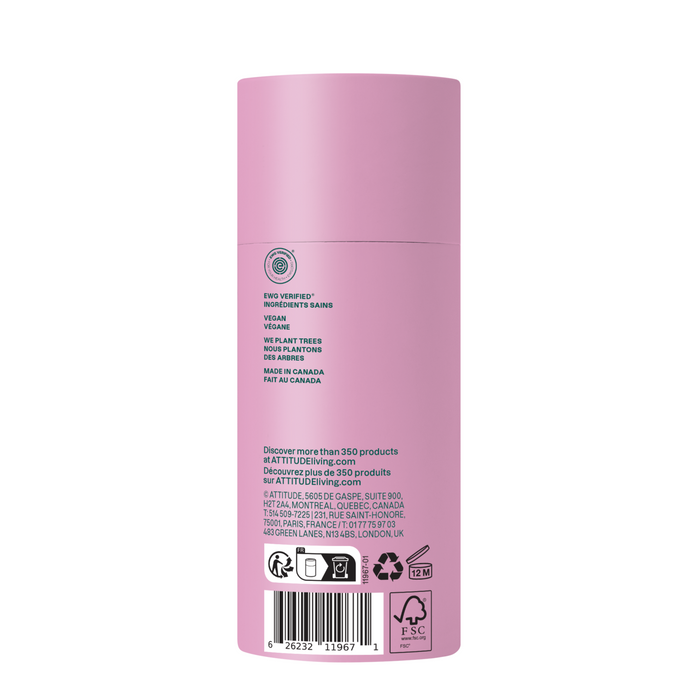 A pink cylindrical super leaves Deodorant by ATTITUDE with vegan formula, aluminum-free, cruelty-free, eco-friendly text on back, EWG Verified badge, barcode, recycling symbols, and manufacturing details.