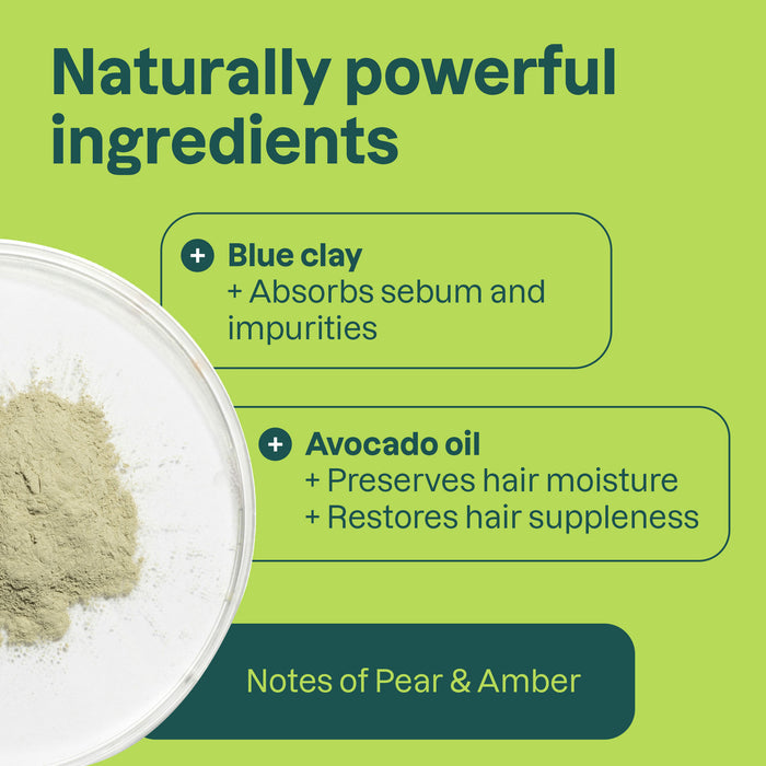 A graphic highlights blue clay and avocado oil—key ingredients in ATTITUDE’s super leaves Shampoo Nourishing Bar—with nourishing benefits and pear-amber notes. A bowl of light green powder is shown on the left.
