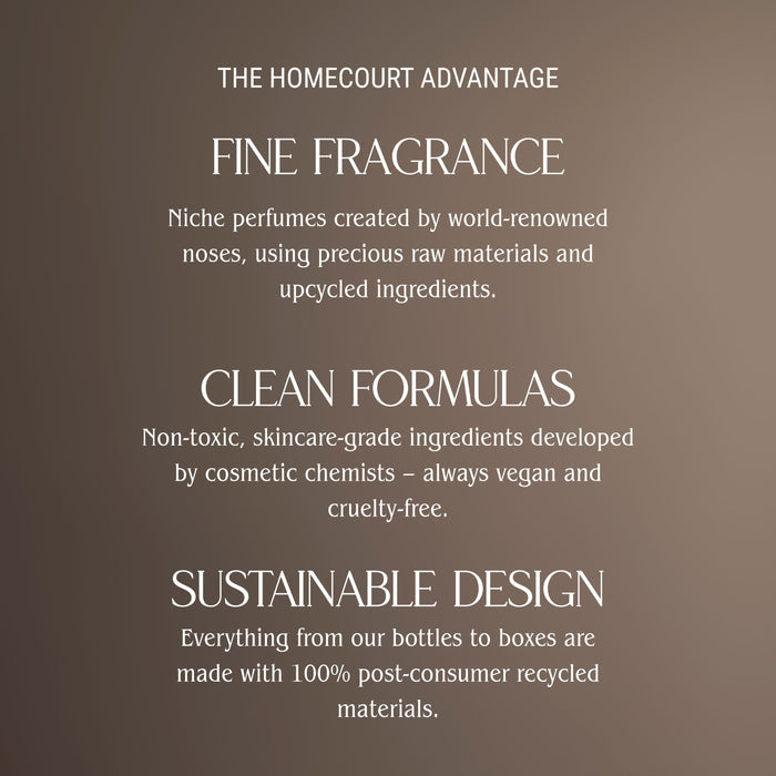 A brown gradient background displays white text highlighting Homecourt Dish Soap’s advantages: fragrance-forward scents from upcycled ingredients, clean vegan formula with plant-derived surfactants, and sustainable design using 100% recycled materials.