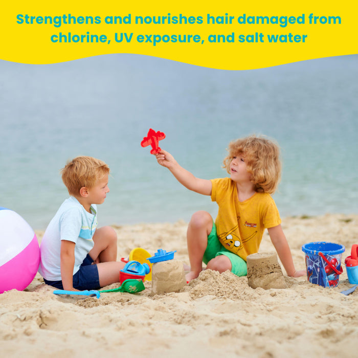 Two young children play with sand toys and a beach ball on the beach. Text above reads, Fresh Monster Swim Shield Chlorine Repair Conditioner deeply hydrates and repairs swimmers hair damaged by chlorine, UV, and salt water.