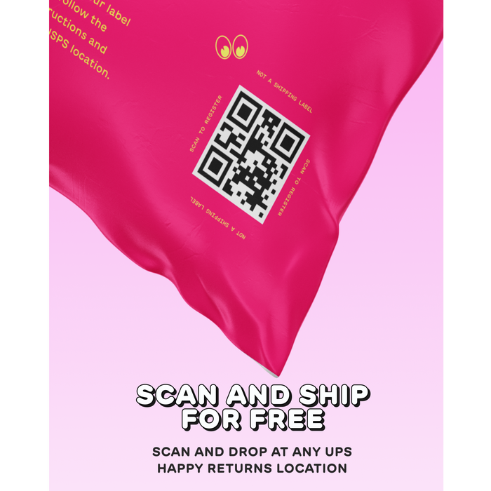 Trashies Take Back Bag - 3-pack features bright pink packaging with a QR code and bold text: SCAN AND SHIP FOR FREE. Below, it reads SCAN AND DROP AT ANY UPS HAPPY RETURNS LOCATION on a pink gradient—ideal for returning unwanted clothes with TrashieCash rewards!.