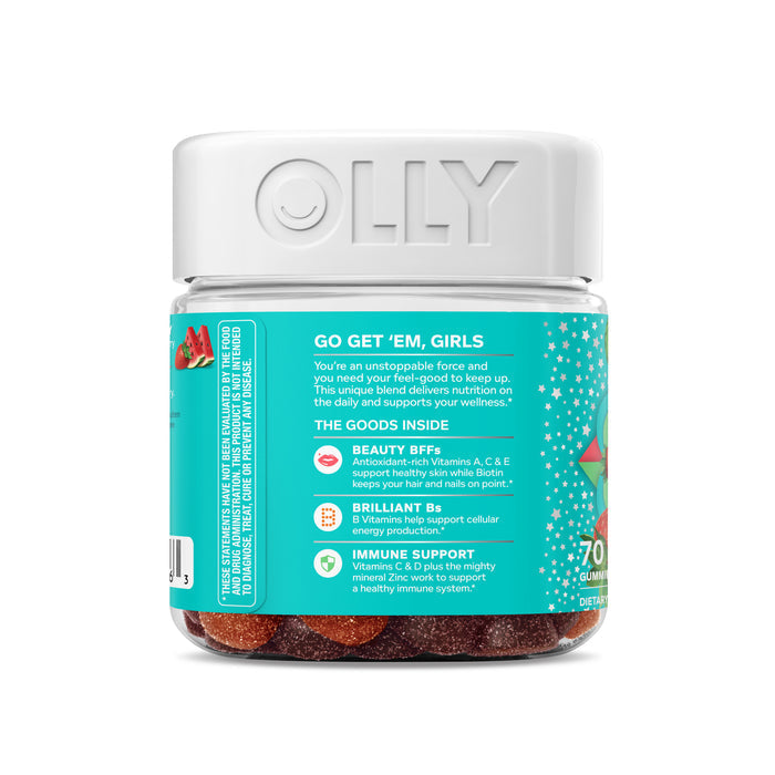 A jar of OLLY Teen Girl Multi multivitamins is showcased, promoting benefits like skin and immune health with vitamins A, C, E, biotin, and zinc. The green label features playful text and decorative elements with 70 gummies per jar to support your daily immune system.