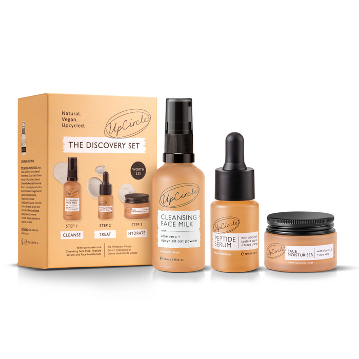 UpCircles The Discovery Set features Cleansing Face Milk, Peptide Serum, and Face Moisturizer. Known for upcycled beauty solutions, these natural, vegan products serve as an ideal starter skincare routine.