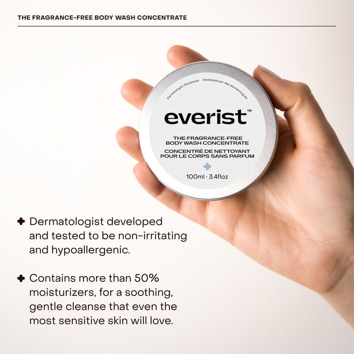 A hand holds a round tin of Everist The Fragrance-Free Body Wash Concentrate Tin, dermatologist-developed and hypoallergenic with 50%+ moisturizers—perfect for sensitive skin and a gentle, soothing cleanse.