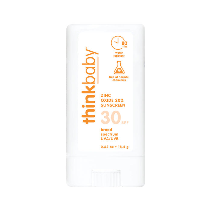 A white stick container of thinksun thinkbaby SPF 30 Face & Body Sunscreen Stick, a mineral-based baby sunscreen with zinc oxide 20%, broad-spectrum UVA/UVB protection, 80-minute water resistance, and no harmful chemicals.