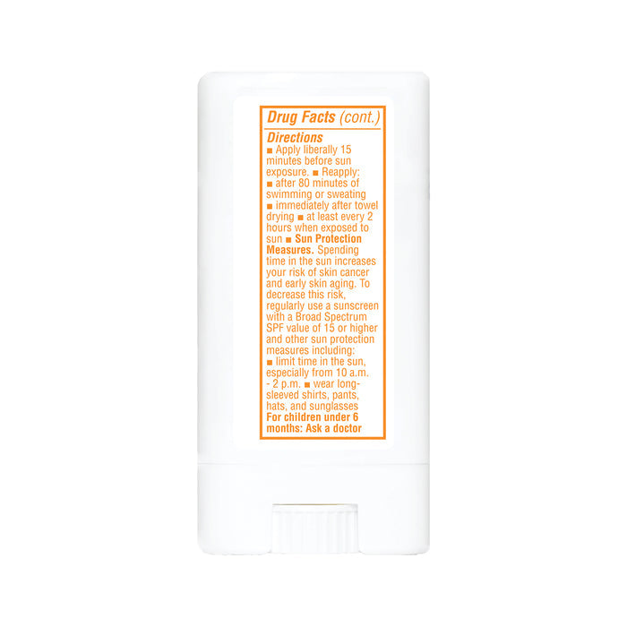 Back of a white thinksun thinkbaby SPF 30 Face & Body Sunscreen Stick shows drug facts, directions, sun protection details, and warnings for this mineral-based baby sunscreen in dense orange text.