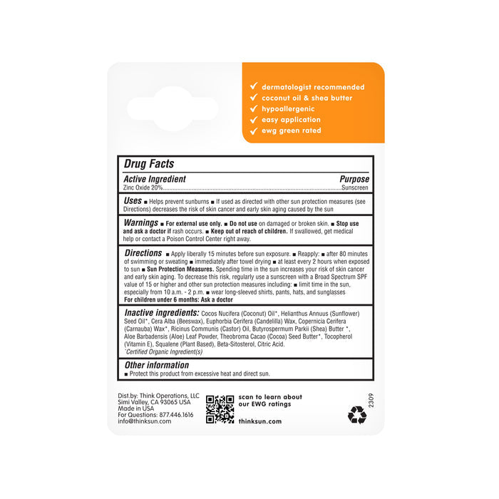 Back of a thinksun thinkbaby SPF 30 Face & Body Sunscreen Stick package with black text on white, orange header with check marks and highlights; shows drug facts, directions, ingredients, and warnings for this reef-friendly mineral-based sunscreen.