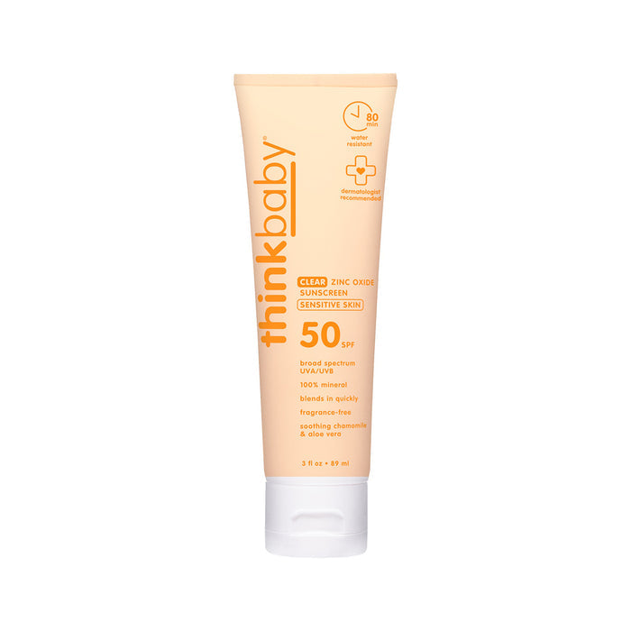 A tube of thinksun thinkbaby SPF 50 Clear Zinc Sunscreen Sensitive Skin, designed in orange and white, features product details on the front. Made with non-nano zinc oxide, it offers gentle protection for sensitive skin.