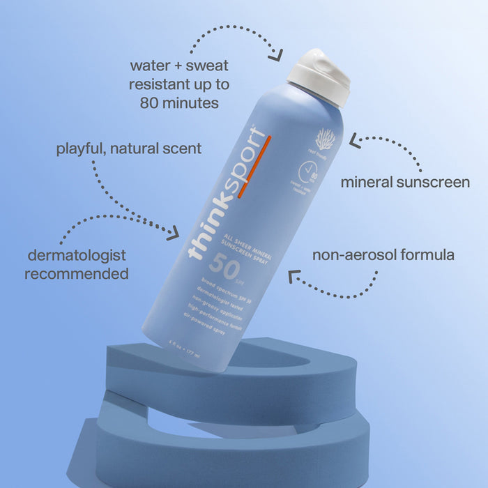 A blue thinksun thinksport SPF 50 All Sheer Mineral Sunscreen Spray stands upright on blue shapes, with text noting its reef-friendly, water-resistant formula, playful natural scent, dermatologist recommendation, and non-aerosol design.