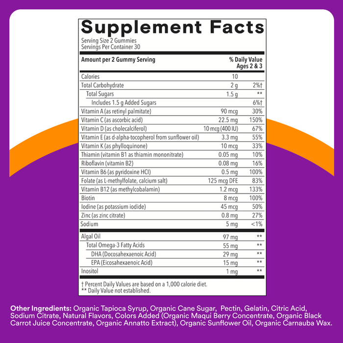 The Supplement Facts label for Smarty Pants Toddler Plus Multi & Omegas 60 count lists nutrients, amounts per 2-gummy serving, percent daily values, and other ingredients on an orange and purple background.