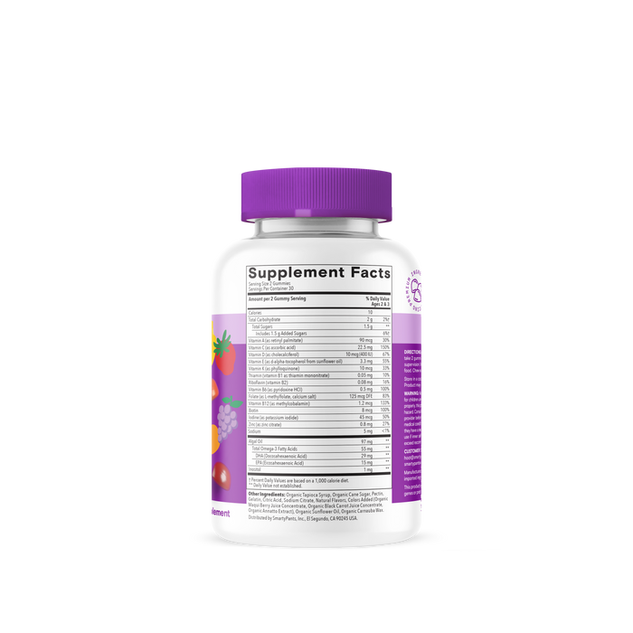 A white bottle of Smarty Pants Toddler Plus Multi & Omegas (60 count) vitamins with a purple cap, colorful fruit illustrations, and a Supplement Facts label on the side sits against a plain white background.