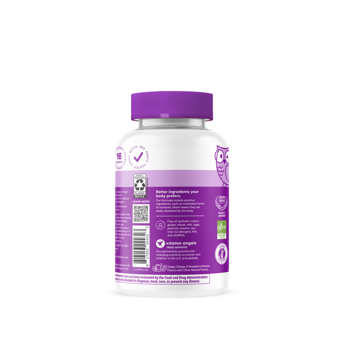 A white bottle with a purple cap and label featuring an owl illustration, supplement facts, QR code, certification logos, and info on Smarty Pants Toddler Plus Multi & Omegas 60count vitamins and benefits.