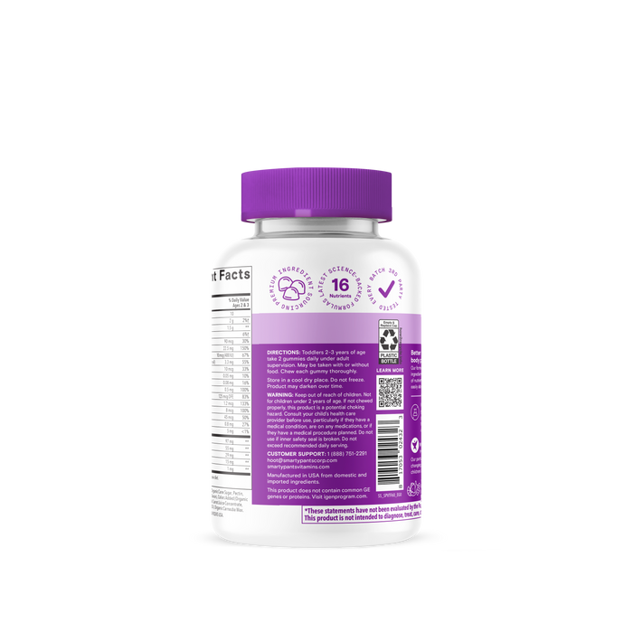 A white and purple bottle of Smarty Pants Toddler Plus Multi & Omegas 60count kids vitamins with a purple cap, featuring supplement facts, directions, customer support info, benefits for toddler omegas, product features, and QR codes on the label.