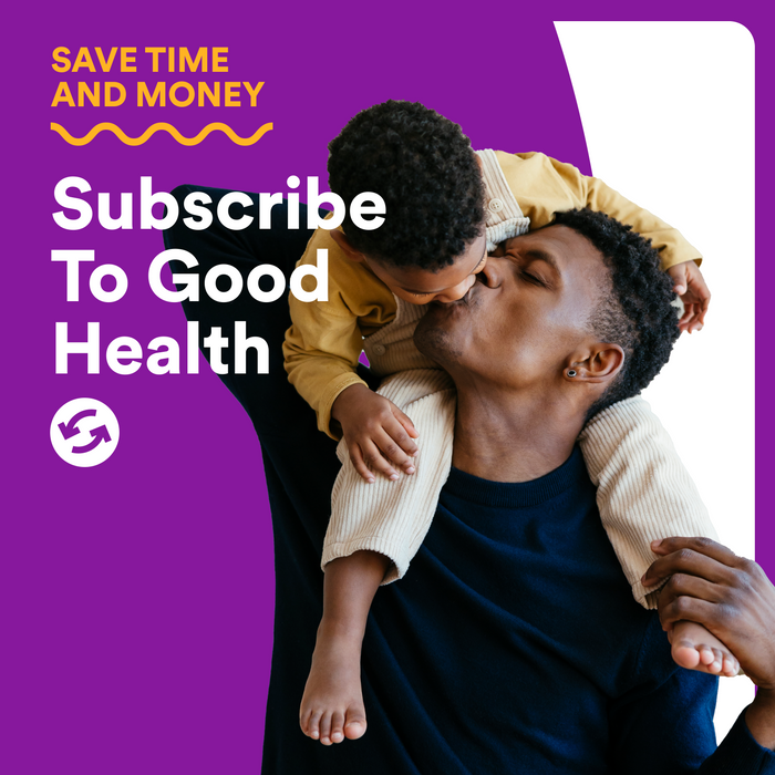 A smiling adult lifts a happy child, sharing a kiss. Text reads: Save time and money. Subscribe to Smarty Pants Toddler Plus Multi & Omegas 60count for good health, on a purple background.
