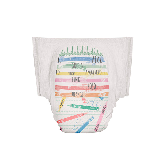 The Honest Companys Training Pants - 2T/3T feature an absorbent core and display the word pink in various colors and languages like rosa, rojo, and amarillo on a white diaper, adding a fun twist to potty training.